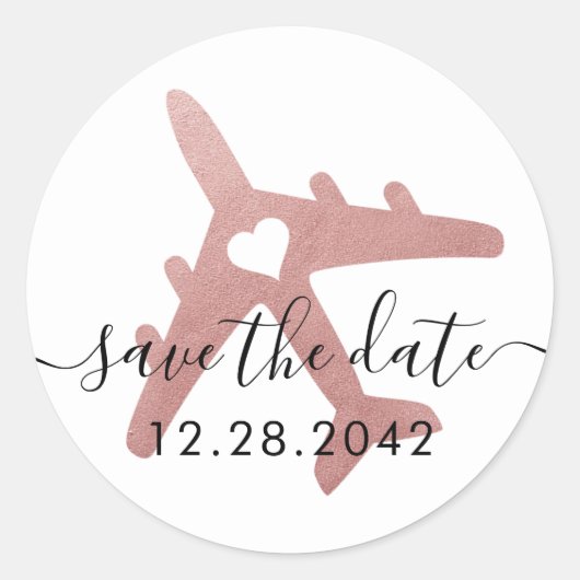 Roos Gold Pink Airplane Destination Save the Date Ronde Sticker (Voorkant)