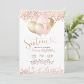 Roos Gold Pink-ballon Zestiende verjaardag Kaart (Staand voorkant)