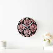 Roos Gold Pink & Black Damask Modern op maat Ronde Klok (Huis)