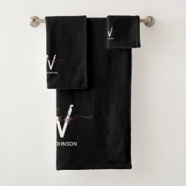 Roos Gold Pink Black Girly Glitter Dust Monogram Bad Handdoek