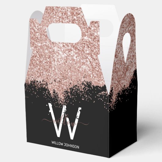 Roos Gold Pink Black Girly Glitter Dust Monogram Bedankdoosjes (Geopend)