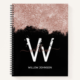 Roos Gold Pink Black Girly Glitter Dust Monogram Notitieboek
