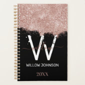 Roos Gold Pink Black Girly Glitter Dust Monogram Planner (Voorkant)
