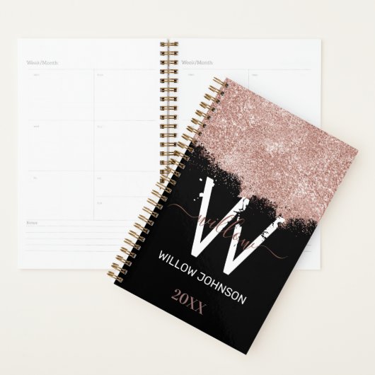 Roos Gold Pink Black Girly Glitter Dust Monogram Planner (Display)
