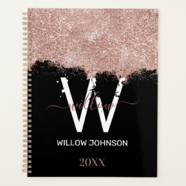 Roos Gold Pink Black Girly Glitter Dust Monogram Planner