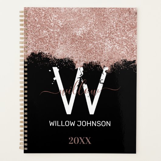 Roos Gold Pink Black Girly Glitter Dust Monogram Planner (Voorkant)
