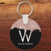 Roos Gold Pink & Black Girly Glitter Dust Monogram Sleutelhanger (Voorkant)