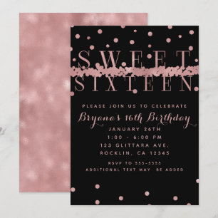 Roos Gold Pink & Black Modern Glam Sweet 16 Party Kaart