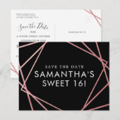 Roos Gold Pink Black Sweet 16 Sparen de Datum Aankondigingskaart (Voorkant / Achterkant)