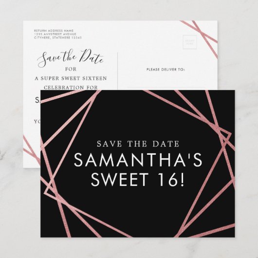 Roos Gold Pink Black Sweet 16 Sparen de Datum Aankondigingskaart (Voorkant / Achterkant)