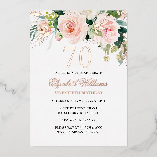 Roos Gold Pink Blush 70e verjaardag Folie Uitnodig Folie Uitnodiging (Voorkant)