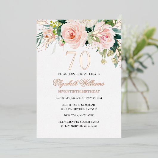 Roos Gold Pink Blush 70e verjaardag Folie Uitnodig Folie Uitnodiging (Staand Voorkant)