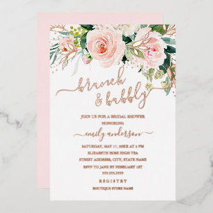 Roos Gold Pink Blush Floral Brunch en Bubble Folie Uitnodiging