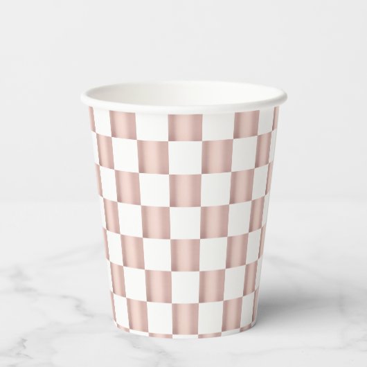 Roos Gold Pink Checkerboard Patroon Papieren Bekers (Achterkant)
