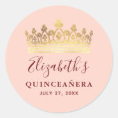 Roos Gold Pink Crown Elegant Name Quinceanera Ronde Sticker (Voorkant)