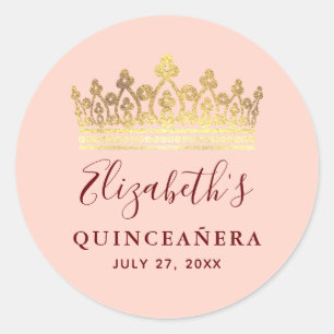 Roos Gold Pink Crown Elegant Name Quinceanera Ronde Sticker