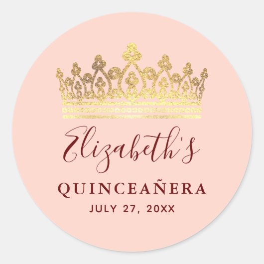 Roos Gold Pink Crown Elegant Name Quinceanera Ronde Sticker (Voorkant)