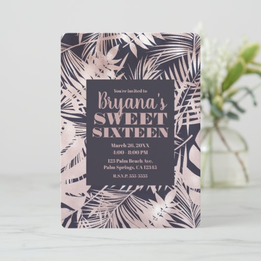 Roos Gold Pink Dark Tropical Palm Sweet 16 Kaart (Staand voorkant)