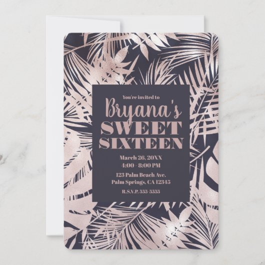 Roos Gold Pink Dark Tropical Palm Sweet 16 Kaart (Voorkant)