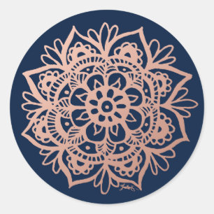 Roos Gold Pink Donk Blue Mandala Flower Ronde Sticker