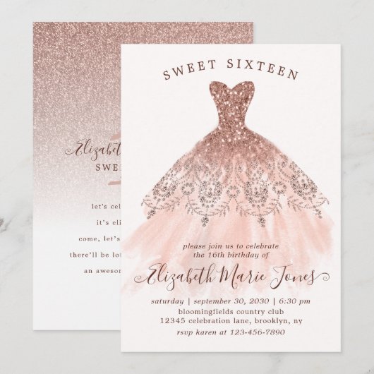 Roos Gold Pink Dress Sweet 16th Modern Verjaardag  Kaart (Voorkant / Achterkant)