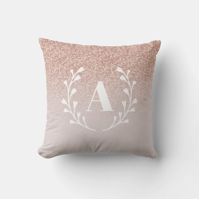 Roos Gold Pink Faux Glitter met aangepast monogram Kussen (Voorkant)