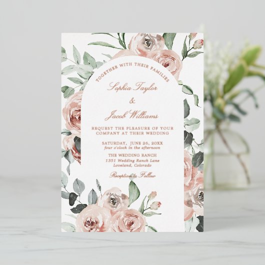 Roos Gold Pink Floral Eucalyptus Weddenschap Folie Uitnodiging (Staand Voorkant)