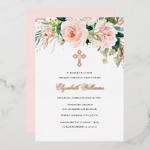 Roos Gold Pink Floral Girl Baptism Folie Uitnodigi Uitnodiging