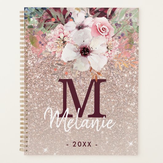 Roos Gold Pink Floral Monogram 2023 Planner (Voorkant)