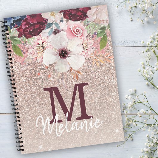 Roos Gold Pink Floral Monogram Glitter Notitieboek