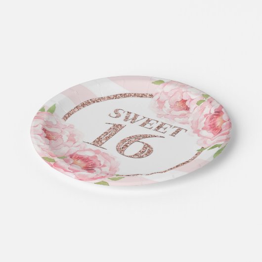 Roos Gold Pink Floral Sweet 16 Birthday Party Papieren Bordje (Gekanteld)