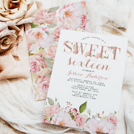 Roos Gold Pink Floral Sweet Sixteen Kaart