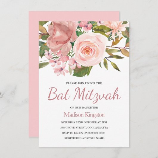  Roos Gold Pink Flowers Bat Mitzvah Invite Kaart (Voorkant / Achterkant)