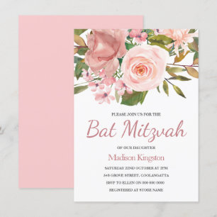 Roos Gold Pink Flowers Bat Mitzvah Invite Kaart