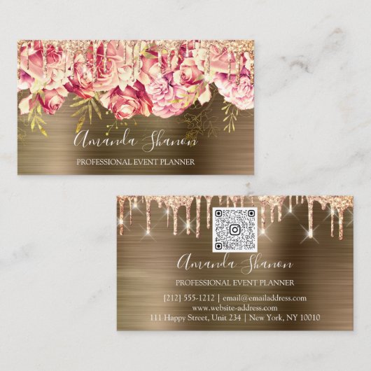 Roos Gold Pink Flowers Brown Drip QR CODE Logo Visitekaartje (Voorkant / Achterkant)