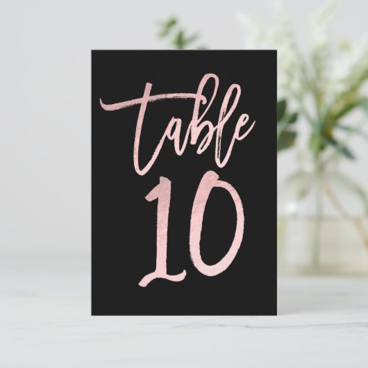 Roos Gold Pink Folie Modern Script Table Number 10 Kaart (Staand voorkant)