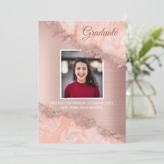 Roos Gold Pink Geode Glitter Afstuderen Kaart (Staand voorkant)