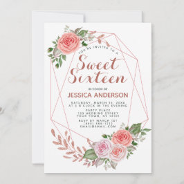 Roos Gold Pink Geometric Glitter Sweet Sixteen Kaart