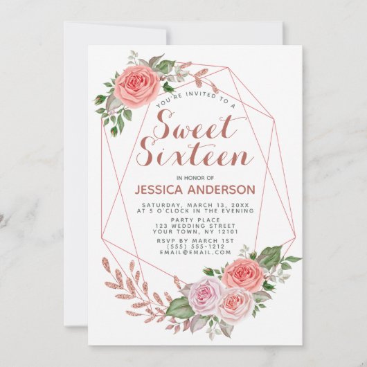 Roos Gold Pink Geometric Glitter Sweet Sixteen Kaart (Voorkant)