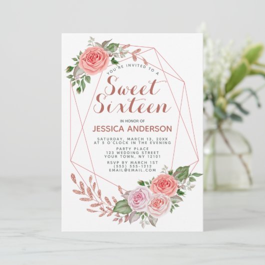 Roos Gold Pink Geometric Glitter Sweet Sixteen Kaart (Staand voorkant)