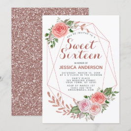 Roos Gold Pink Geometric Glitter Sweet Sixteen Kaart
