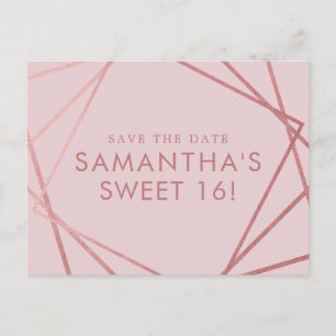 Roos Gold Pink Geometric Sweet 16 Save the Date Aankondigingskaart