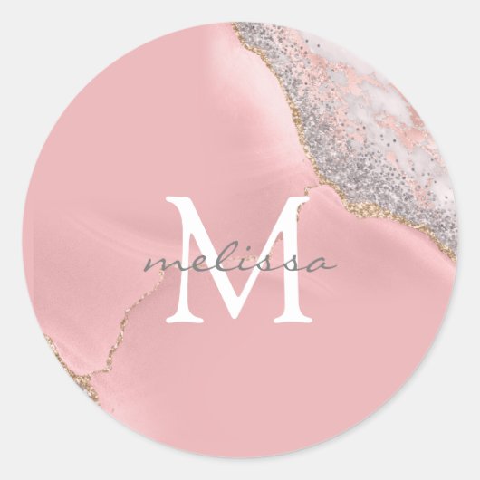 Roos Gold Pink Girly Monogram Naam Marble Glitter Ronde Sticker (Voorkant)