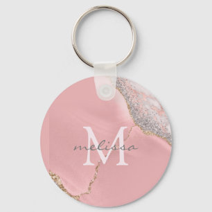 Roos Gold Pink Girly Monogram Naam Marble Glitter Sleutelhanger