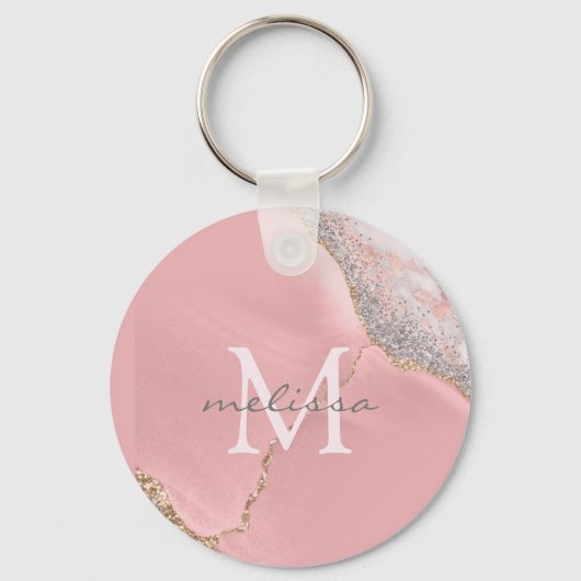 Roos Gold Pink Girly Monogram Naam Marble Glitter Sleutelhanger (Voorkant)