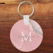 Roos Gold Pink Girly Monogram Naam Marble Glitter Sleutelhanger (Voorkant)