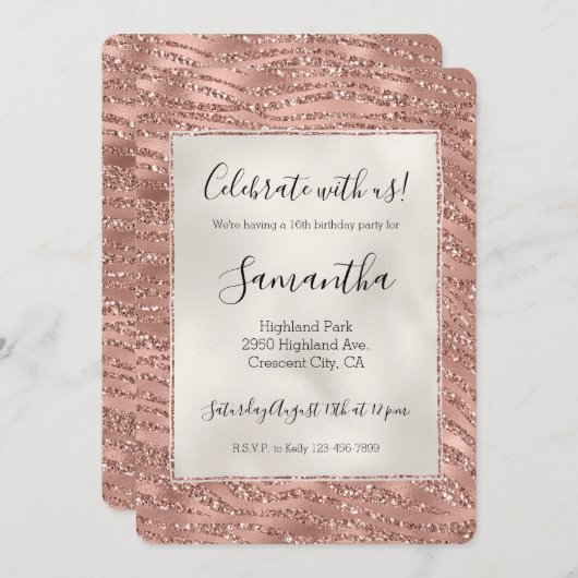 Roos Gold Pink Glam Glitter Zebra afdrukken Kaart (Voorkant / Achterkant)