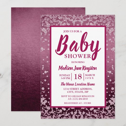 Roos Gold Pink Glitter Baby shower Uitnodigen Kaart (Voorkant / Achterkant)