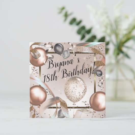 Roos Gold Pink & Glitter Ballonnen Verjaardagsfees Kaart (Staand voorkant)