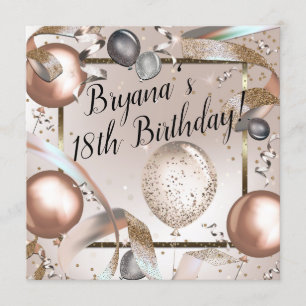 Roos Gold Pink & Glitter Balloons Birthday Party Kaart